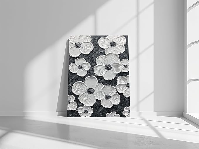 moshinart 24 x 36in Hand-Painted Oil Painting 3D Texture Black White Grey Modern Minimalist Black Abstract Wall Art, Home Office Wall Decoration Petal