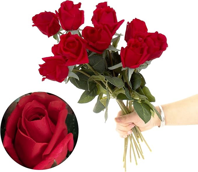 12pcs Half Opened Artificial Rose Buds,17 Inch Real Touch Silk Roses with Partially Opened Flowers, Artificial Flower for Home Décor Centerpiece Wedding Bouquet,Red