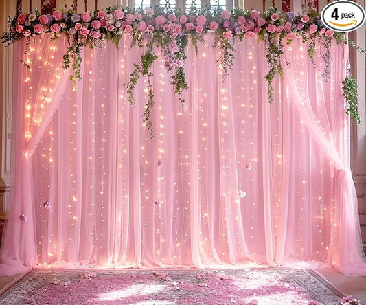 20ft x 10ft Pink Tulle Photo Backdrop Curtain with Lights String for Baby Shower Sheer Baby Pink Curtain Backdrop for Birthday Party Wedding Photo Booth Photography Background Decorations
