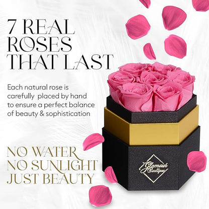 GLAMOUR BOUTIQUE Eternal Preserved Roses in a Box - Flowers Forever, Rose Forever in a Box for Wife, Birthday Gifts for Her, 7 Roses, Pink