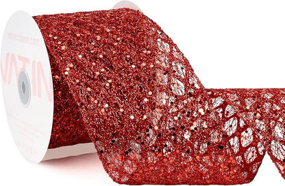 VATIN 4" Red Fall Ribbon, Red Glitter Mesh Diamond Web Sequin Dots Wired Christmas Ribbon for Gift Wrapping Bow Making Wreath Supply-10 Yards