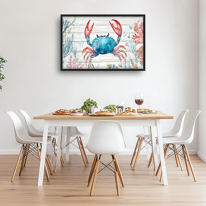 Crab with Coral Large Decor Framed Wall Art Ocean Pictures for Living Room, Nautical Oversized Canvas Print Painting Modern Extra Large Framed Artwork for Bedroom Office Home Decor 36"x24"