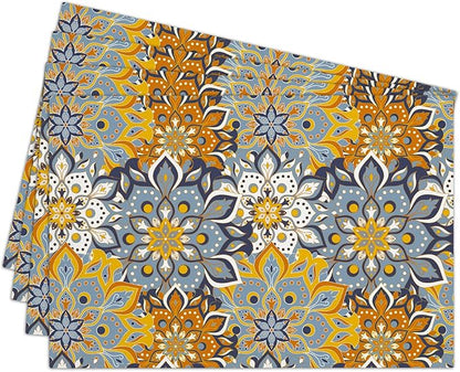 Cotton Linen Waterproof Placemats Set of 4, Blue Teal Flowers Bohemian Dining Mat Table Mats Decor Fabric for Kitchen Dinner Coffee Shop Table, Indoor/Outdoor Washable Wipeable Placemat -N018