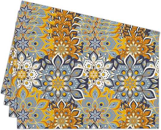 Cotton Linen Waterproof Placemats Set of 4, Blue Teal Flowers Bohemian Dining Mat Table Mats Decor Fabric for Kitchen Dinner Coffee Shop Table, Indoor/Outdoor Washable Wipeable Placemat -N018