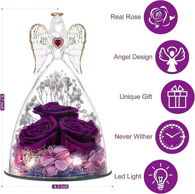 Mothers Day Rose Gifts for Women, Large Angel Figurines with Real Roses, Preserved Real Flower Rose for Her - Purple