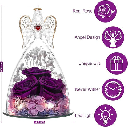 Mothers Day Rose Gifts for Women, Large Angel Figurines with Real Roses, Preserved Real Flower Rose for Her - Purple