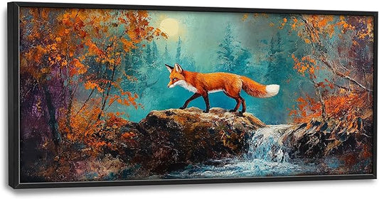 Fox Fall Large Wall Art Autumn Forest Wildlife Pictures Wall Decor Red Fox Rustic Cabin Animals Canvas Prints Painting Framed Artwork Decoration for Men Bedroom Living Room Office 60"x30"