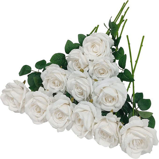 ATFL Fake White Roses Artificial Flowers Bulk,Floral Diameter 4'',20 Pcs Artificial Silk Roses Flowers with Stems for Wedding Arrangement Centerpieces Party Home Table Decorations (20, White)