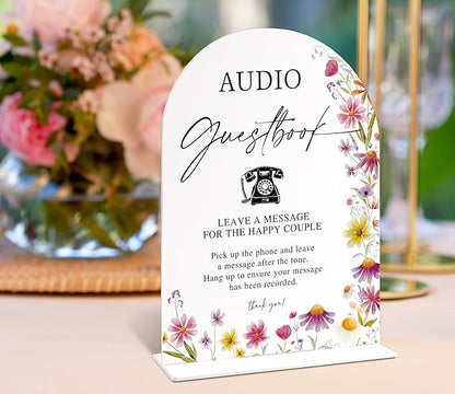 Audio Guest Book Sign for Wedding Table Decor, Wild Flower Arch Acrylic Wedding Signs for Reception, Floral Bridal Shower Engagement Party Decorations for Baby In Bloom Baby Shower