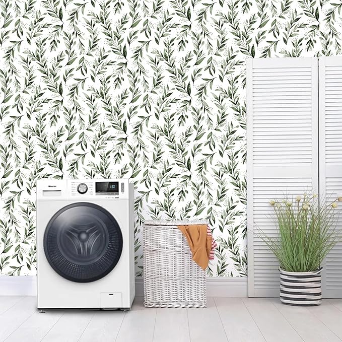 Erfoni Green Leaf Peel and Stick Wallpaper Green Contact Paper 17.7"x 118.1" Boho Leaves Self Adhesive Wallpaper Modern DIY Removable Wall Paper for Bedroom Cabinets Decor Vinyl Roll