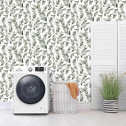 Erfoni Green Leaf Peel and Stick Wallpaper Green Contact Paper 17.7"x 118.1" Boho Leaves Self Adhesive Wallpaper Modern DIY Removable Wall Paper for Bedroom Cabinets Decor Vinyl Roll