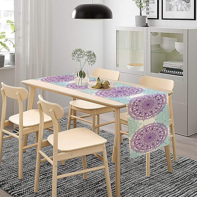 Boho Mandala Table Runner, Purple Blue Bohemian Floral Table Decor Runner for Kitchen Dining Indoor Outdoor Party Decoration, 13x90 Inch