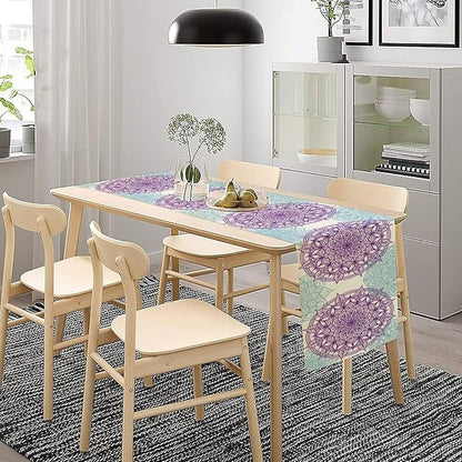 Boho Mandala Table Runner, Purple Blue Bohemian Floral Table Decor Runner for Kitchen Dining Indoor Outdoor Party Decoration, 13x108 Inch