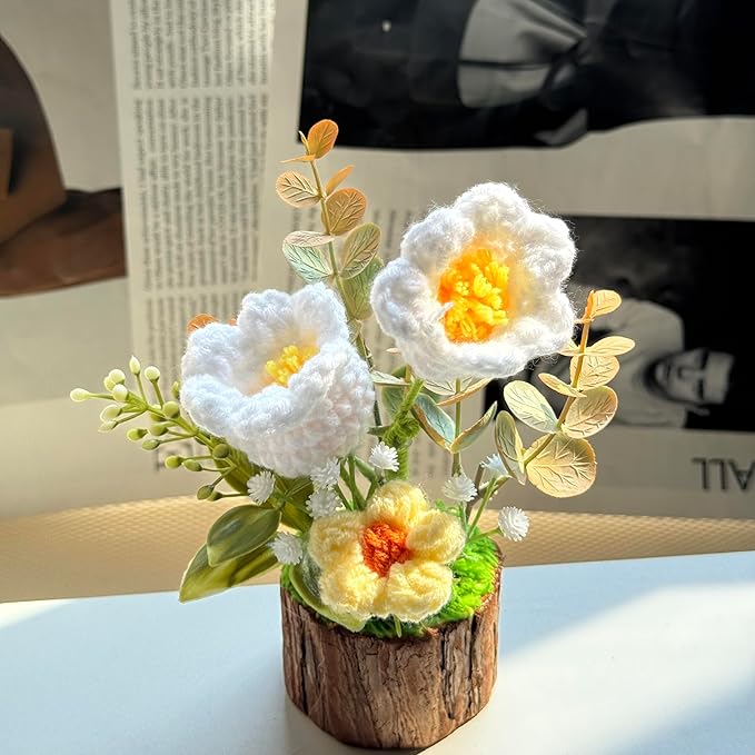 Crochet Flowers Lily of The Valley Bouquet Creative Knitted Potted Plant Mini for Dashboard Decoration Home Desktop Decorations and Gifts for Friends, Lovers, Classmates