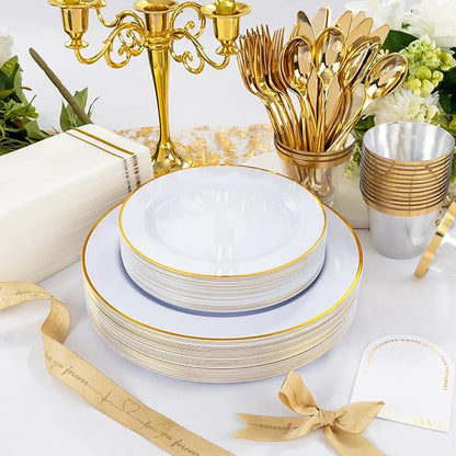 SUT 700Pcs Disposable Dinnerware Set for 100 Guests, White and Gold Plastic Plates, Party Plates and Cups and Napkins Sets, plates and Napkins Party Supplies, Gold plastic Silverware for Party Wedding