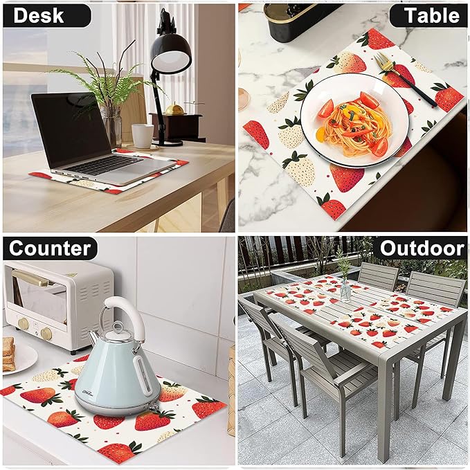 Sweet Strawberry Placemats Set of 4 Washable Table Mats Spring Summer Fruit Heat-Resistant Cotton Linen Place Mats for Dining Table Kitchen Indoor Outdoor Party Holiday Decor