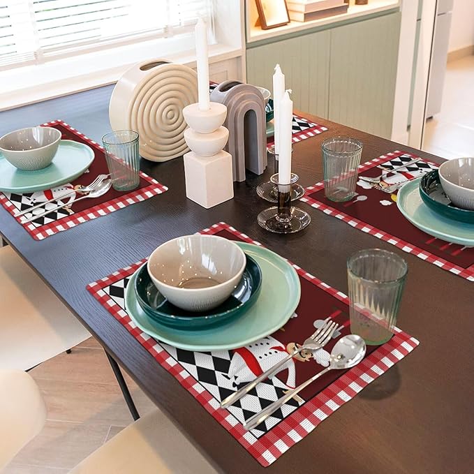 Fat Chef Kitchen Linen Placemats Set of 4 Red Plaid Cooking Theme Placemats for Indoor Outdoor Party Home Desktop Dining Room Decor 12x18 Inch
