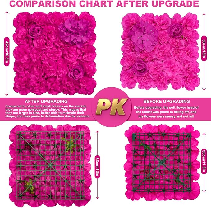 Artificial Flower Wall Backdrop 16PCs of 16.5x16.5 Inch Floral Wall Panels 3D Silk Rose Wall Decor for Weddind Stage Party Photo Background Home Decoration-Barbie Pink