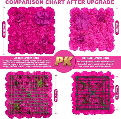 Artificial Flower Wall Backdrop 16PCs of 16.5x16.5 Inch Floral Wall Panels 3D Silk Rose Wall Decor for Weddind Stage Party Photo Background Home Decoration-Barbie Pink