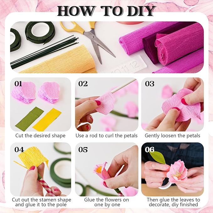 24 Colors Crepe Paper Rolls 10 x 98 Inch Crepe Paper Sheets Assorted Streamers with Floral Stem Wire and Green Floral Tapes DIY Flower Wrapping Paper for Birthday Party Wedding Festival Decoration