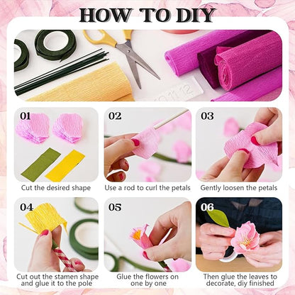 24 Colors Crepe Paper Rolls 10 x 98 Inch Crepe Paper Sheets Assorted Streamers with Floral Stem Wire and Green Floral Tapes DIY Flower Wrapping Paper for Birthday Party Wedding Festival Decoration