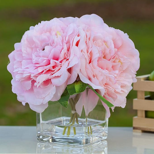 Enova Home Artificial Peony Flowers Arrangements in Cube Glass Vase with Faux Water for Home Table Wedding Centerpiece Decor (Pink)