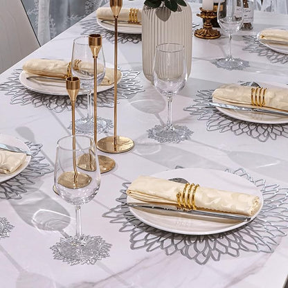 Snowkingdom 6 Pack Silver Placemats Metallic Glitter Pressed Vinyl Dinning Table Mats Decorative Round Leaf Charger for Winter Holiday Thanksgiving Christmas