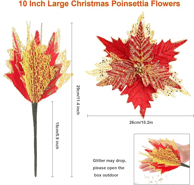 10'' Large Christmas Glitter Poinsettia Flowers Decorations, stadeco 10 Pcs Christmas Tree Picks Ornaments Artificial Flowers with Long Stems for Xmas Tree Wreath Garland Wedding Party DIY Decor