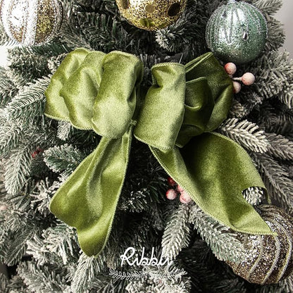 Ribbli Olive Green Velvet Wired Ribbon 4 Inch Velvet with Satin Christmas Ribbon for Gift Wrapping Christmas Tree Decoration Crafts Wreaths Supplies-Continuous 10 Yards