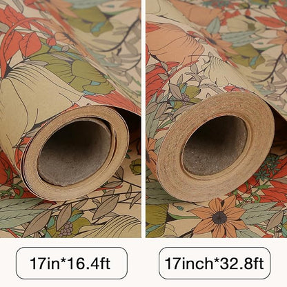 Aimyoo Kraft Floral Wrapping Paper Roll - Mini Roll - 17 Inch x 16.4 Feet - All Occasion Vintage Flower Gift Wrap Paper for Mother's Day Wedding Birthday Bridal Shower