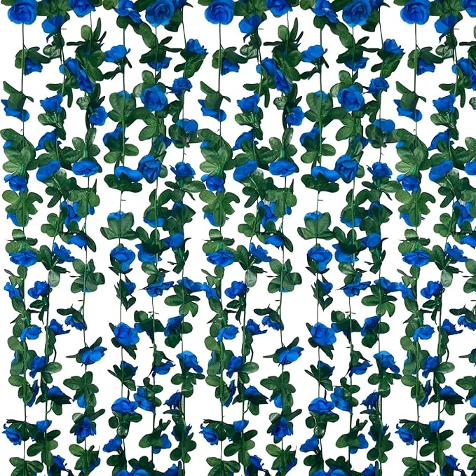 8Pcs 63Ft Royal Blue Rose Garland, Fake Rose Hanging Flowers, Artificial Flower Vine, Hanging Floral Vine Garland for Wedding, Birthday Party, Wall Arch, Halloween, Christmas Garden Backdrop Decor