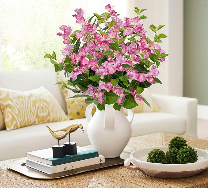 Hollyone 2Pcs Bougainvillea Artificial Flowers Bouquets Pink Fake Flower Silk Flowers with Long Stem Floral Arrangements Faux Bougainvillea Flower Plant for DIY Wedding Party Centerpieces Home Decor
