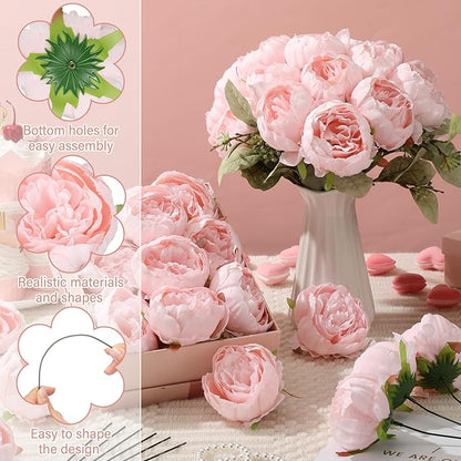 50 Pcs Artificial Peony Flower Bulk 3.5 Inch Silk Peony Flowers Heads with Stems Realistic Fake Roses for DIY Wedding Party Craft Bridal Bouquets Table Centerpieces Vase Home Decor(Pink)