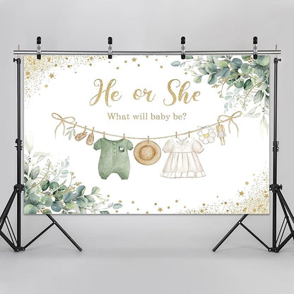 Riyidecor Sage Green Gender Reveal Backdrop Polyester Fabric He or She What Will Baby Be 5Wx3H Feet Boho Eucalyptus Watercolor Leaves Gold Dots Photography Background Baby Shower Photo Studio Shoot