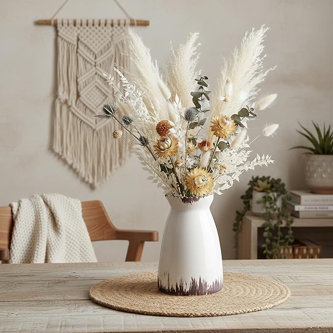 hjn White Flower Vase- Ceramic Vase for Decor, White vase for Flowers, Modern Vases for Living Room/Home Decor Accents/Entryway/Mantel/Bookshel