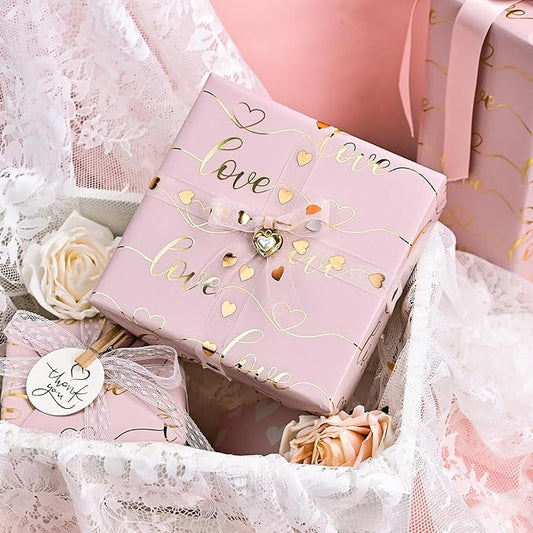 Afucus Pink Gold Foil Love Wrapping Paper, Reversible Mini Roll Gift Wrapping paper for Valentine's Day, Mother's Day, Wedding shower for brides (17 Inch X 33 Feet)