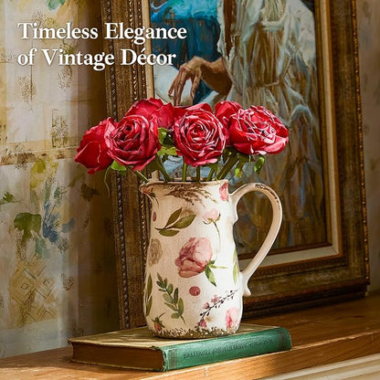 Vintage Fruit and Floral Ceramic Vase with Handle, Retro Ice Glazed Crack Farmhouse Pitcher Vase for Home Decor, Living Room, Shelf, Office, Rustic Table Centerpiece 7 Inch