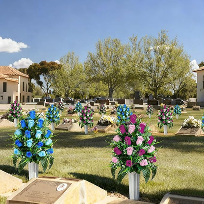 Artificial Cemetery Flowers - Set of 2 Grave Memorial Rose Flowers with Vase for Cemetery Headstones Gravesites Decoration (Dark Blue & Light Blue)
