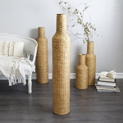 Deco 79 Bamboo Wood Decorative Vase Tall Woven Floor Centerpiece Vase, Flower Vase for Home Decoration 9" x 9" x 48", Brown