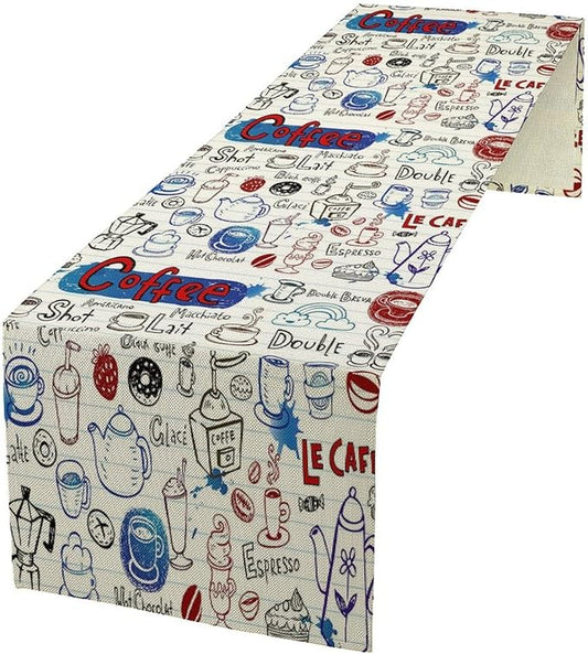 Coffee Theme Table Runner Coffee Time Retro Farmhouse Dinner Runner for Kitchen Dining Coffee Table Decoration Cabin Home Holiday Party 13x70in