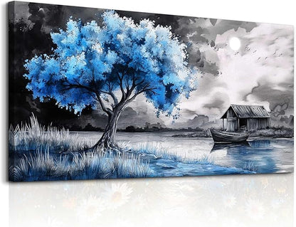 PHAOHUAXM Large Wall Art For Living Room Blue Wall Decor For Bedroom Black White And Blue Trees Wall Pictures Restaurant Office Frame Printing Canvas Large Artwork Modern Home Decoration 30x60 in