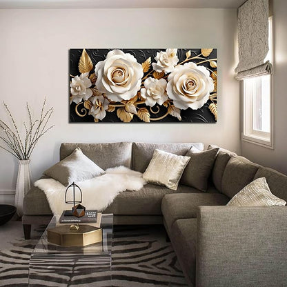 Flower Large Canvas Wall Art for Living Room Bedroom Home Office White and Gold Wall Art Blossom Picture Framed Wall Decor Modern Canvas Prints 24x48 In