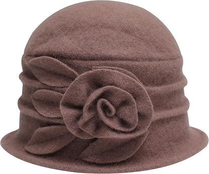ZLYC Women Wool Cloche Bucket Hat 1920s Vintage Dress Winter Hats with Flower Accent