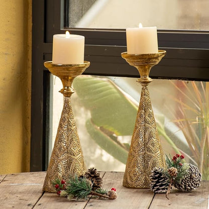 Farmhouse Gold Candle Holders for Pillar Candles, Metal Distressed Set of 2 Retro Flower Design Pillar Candle Stand Dual Use, Can be Vase Table Centerpiece Decor for Fireplace, Living, and Dining Room