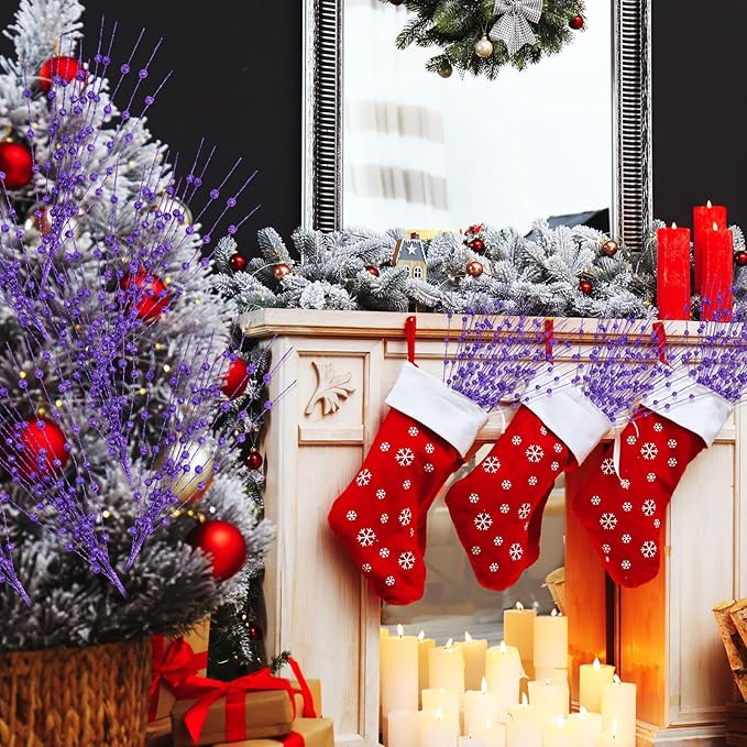 Geosar 30 Pcs Christmas Artificial Glitter Berry Stem Decorations 17 Inch Faux Stick Floral Pick Centerpiece Bouquet Flower Bead Twigs for Centerpiece Tree Wreath Xmas Ornaments Home(Purple)