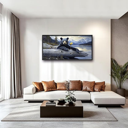 Forest Bear Large Decor Framed Wall Art Mountain Lake Cabin Pictures for Living Room, Black Bear Oversized Canvas Print Painting Modern Extra Large Framed Artwork for Bedroom Office 60"x30"