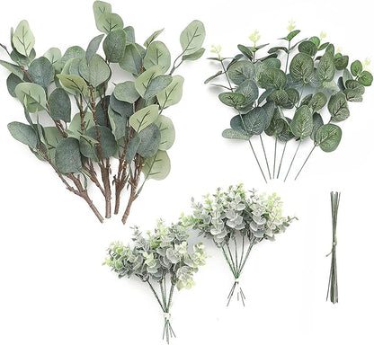 Floroom 3 Kinds of Artificial Silver Dollar Eucalyptus Stems Faux Greenery Spray, 19pcs Best Filler Fake Plants for DIY Bouquet Wedding Centerpieces