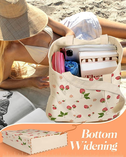 2 Pack Canvas Tote Bag - with Makeup Pouch Aesthetic Cute Women Reusable Canvas Bag for Shopping, Work, Travel