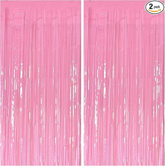 2 Pack Foil Curtain Pink Backdrop Streamers Metallic Tinsel Fringe Curtains Photo Booth Props for Birthday Wedding Engagement Bachelorette Christmas Holiday Celebration Party Decorations