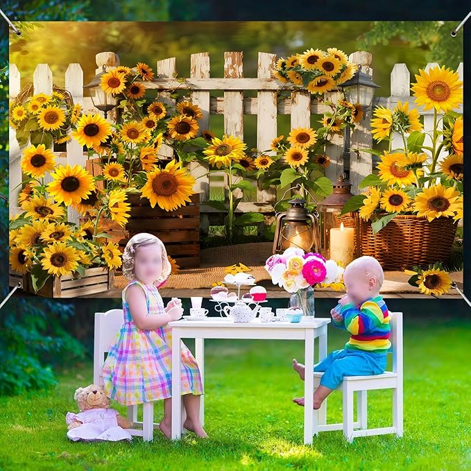 Rustic Sunflowers Backdrop Rustic Wooden Fence Sunflower Floral Photography Background for for Girls Woman Garden Party Banner Decoraitons Portrait Photo Booth Studio Props 10x7ft FU042DX